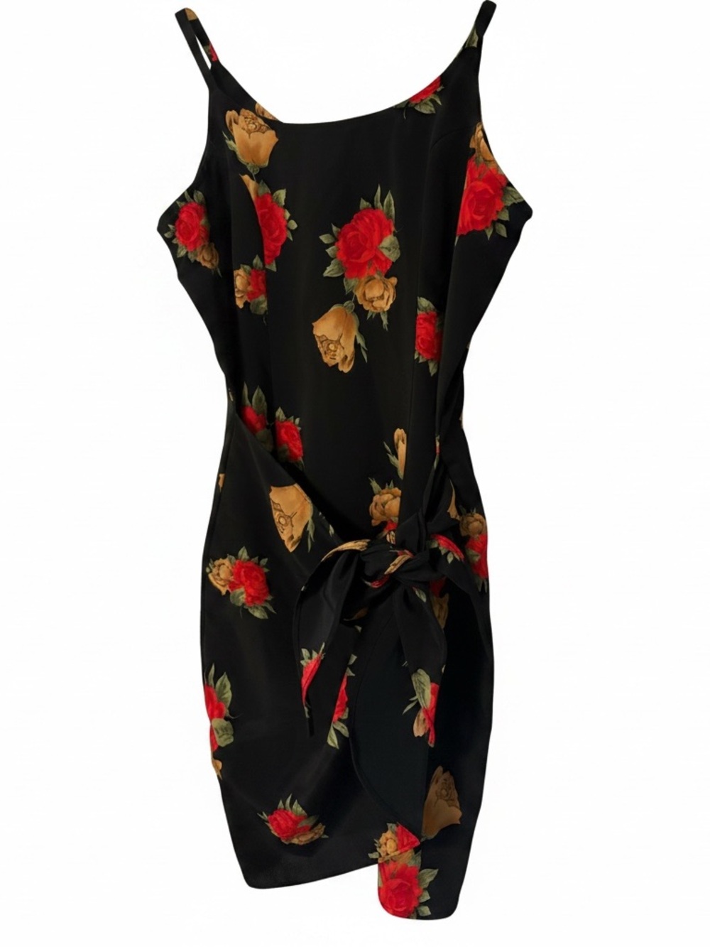 VINTAGE 90’s Black Floral Tie-Waist Mini Dress with Red & Gold Roses